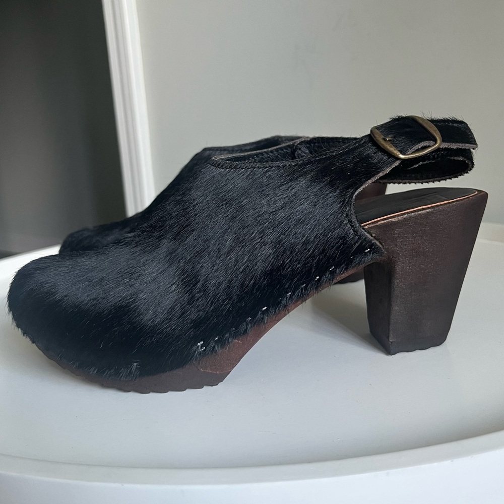 BOSABO France Black Calf Hair Sling Back Wooden Sole Clogs EU 37/US 6.5-7